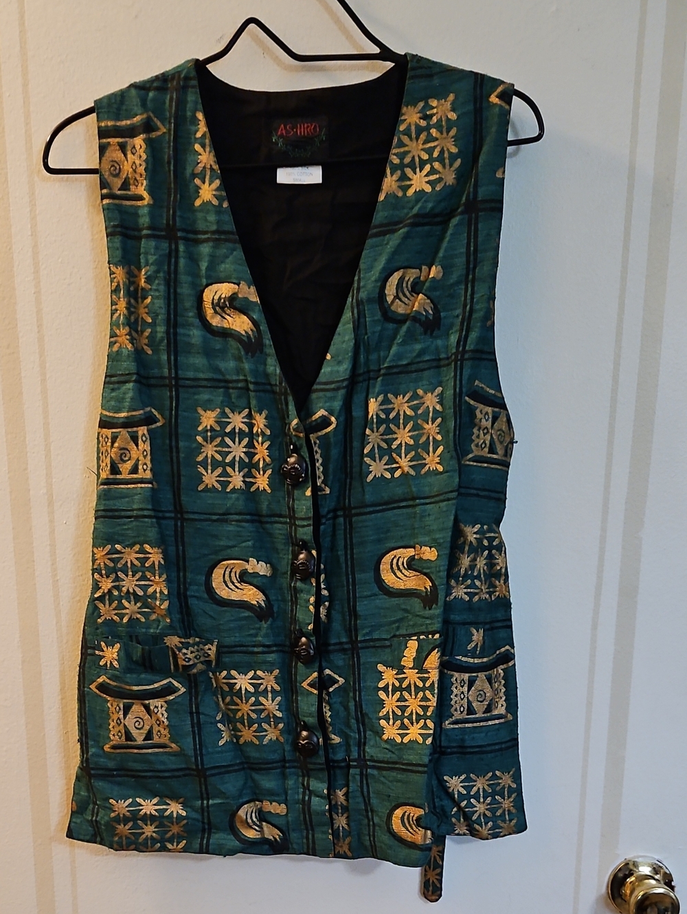 Ashro Tribal Emerald Green, Black & Gold Patterned Vest, Size Small
